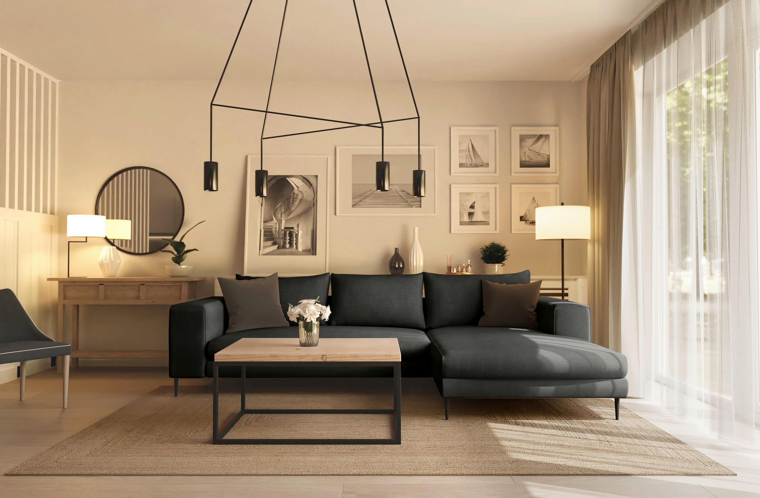 ECKSCHLAFSOFA in Struktur Graphitfarben - Schwarz/Graphitfarben, Modern, Textil/Metall (295/170cm) - Trendmanufaktur