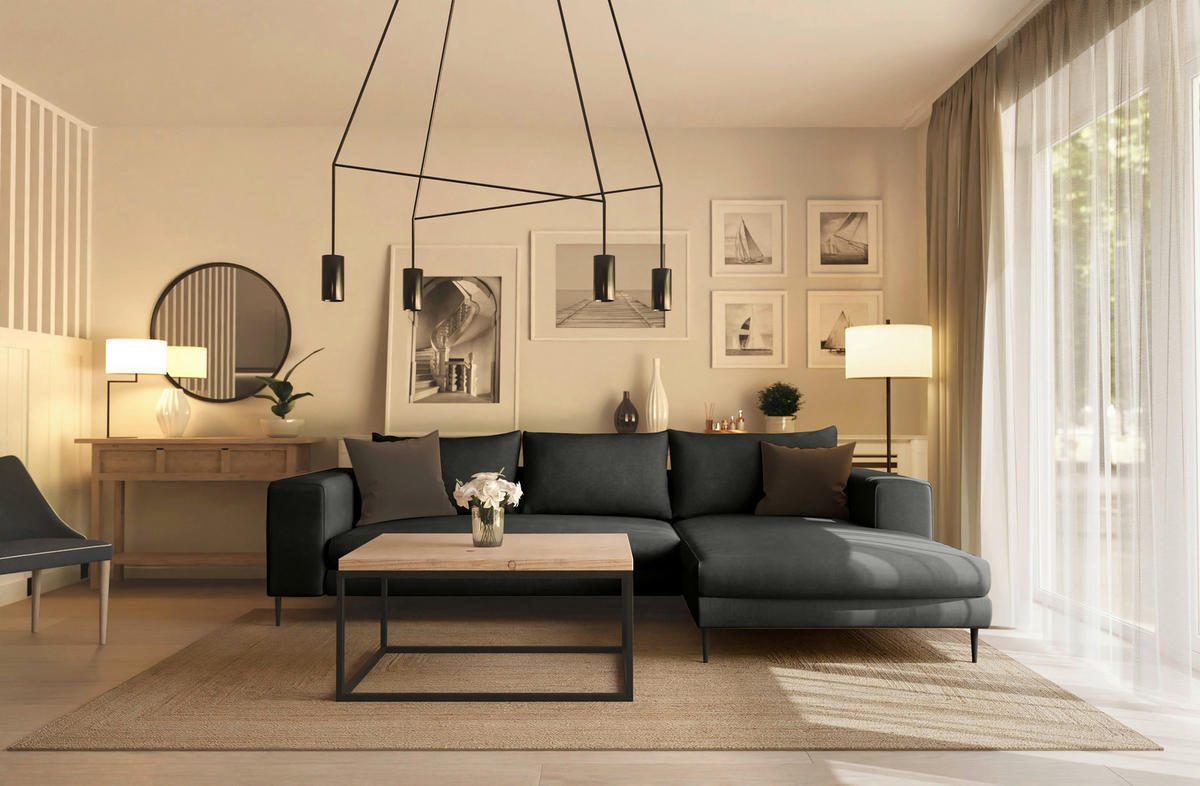ECKSCHLAFSOFA in Struktur Graphitfarben  - Schwarz/Graphitfarben, Modern, Textil/Metall (295/170cm) - Trendmanufaktur