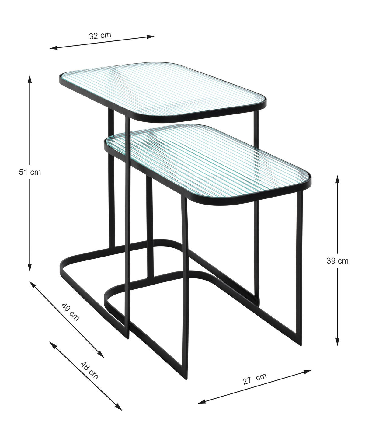 BEISTELLTISCHSET rechteckig Schwarz  - Schwarz, Design, Glas/Metall (48-49/27-32/39-51cm)