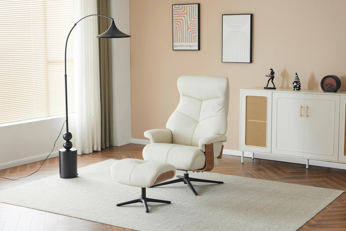 RELAXSESSELSET Lederlook Echtleder Hocker    - Beige/Schwarz, MODERN, Leder/Holz (78/111/81cm) - Livetastic