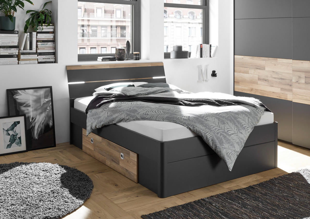 STAURAUMBETT 180/200 cm,  in Eichefarben, Graphitfarben,  - Eichefarben/Schwarz, KONVENTIONELL, Holzwerkstoff/Kunststoff (180/200cm) - MID.YOU