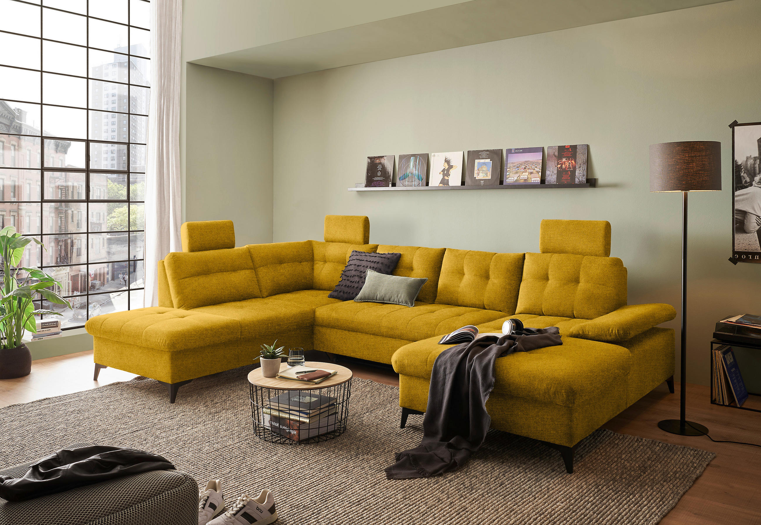 Thumbnail - Carryhome Wohnlandschaft, Gelb, Textil, 6-Sitzer, U-Form, 324x218 cm, Liegefunktion, seitenverkehrt erhältlich, Schlafen...