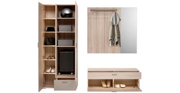 GARDEROBE 3-teilig in 198/194/38 cm - Eiche Bianco/Grau, Design, Glas/Holzwerkstoff (198/194/38cm) - Voleo