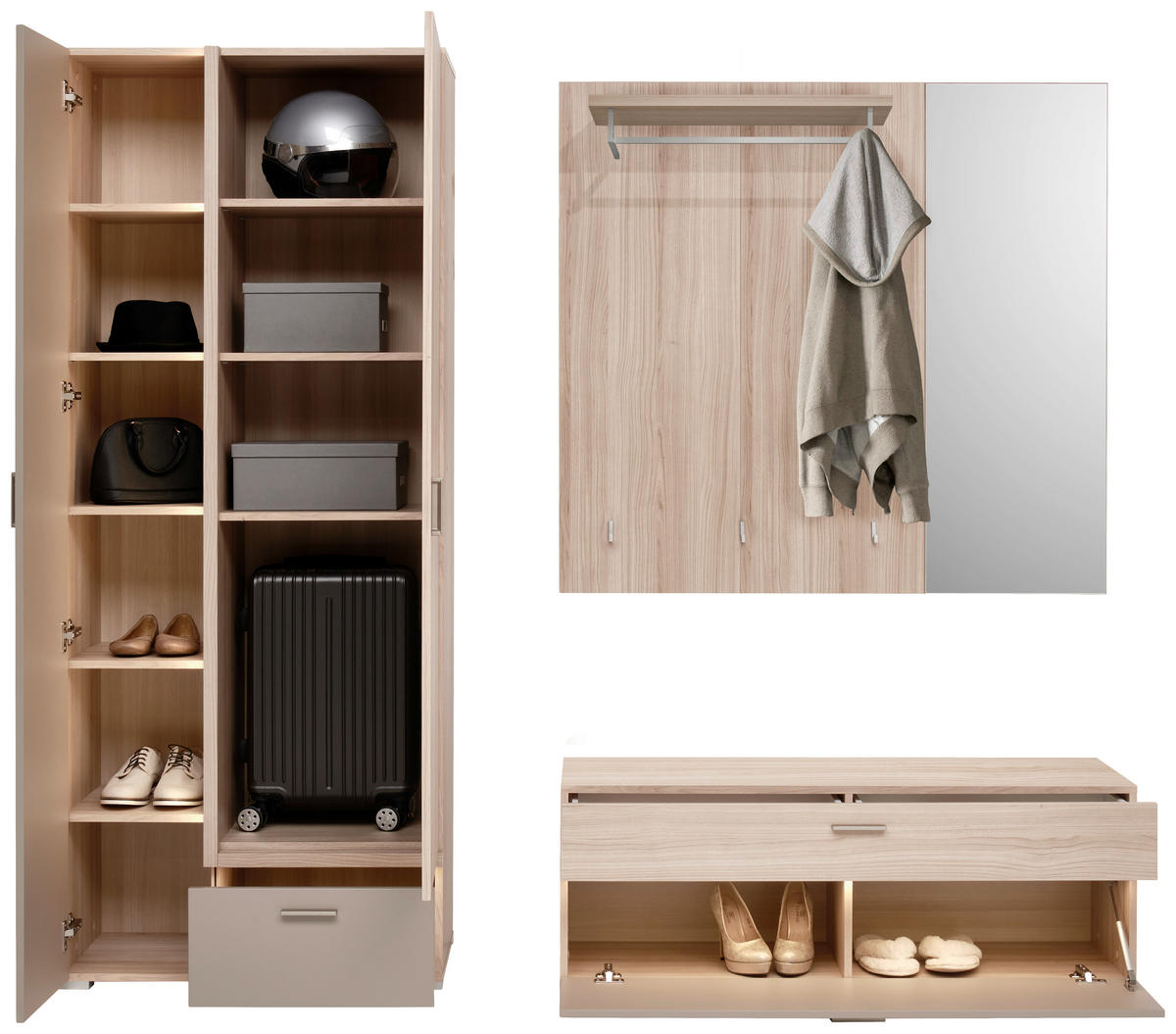 GARDEROBE 3-teilig  in 198/194/38 cm  - Eiche Bianco/Grau, Design, Glas/Holzwerkstoff (198/194/38cm) - Voleo