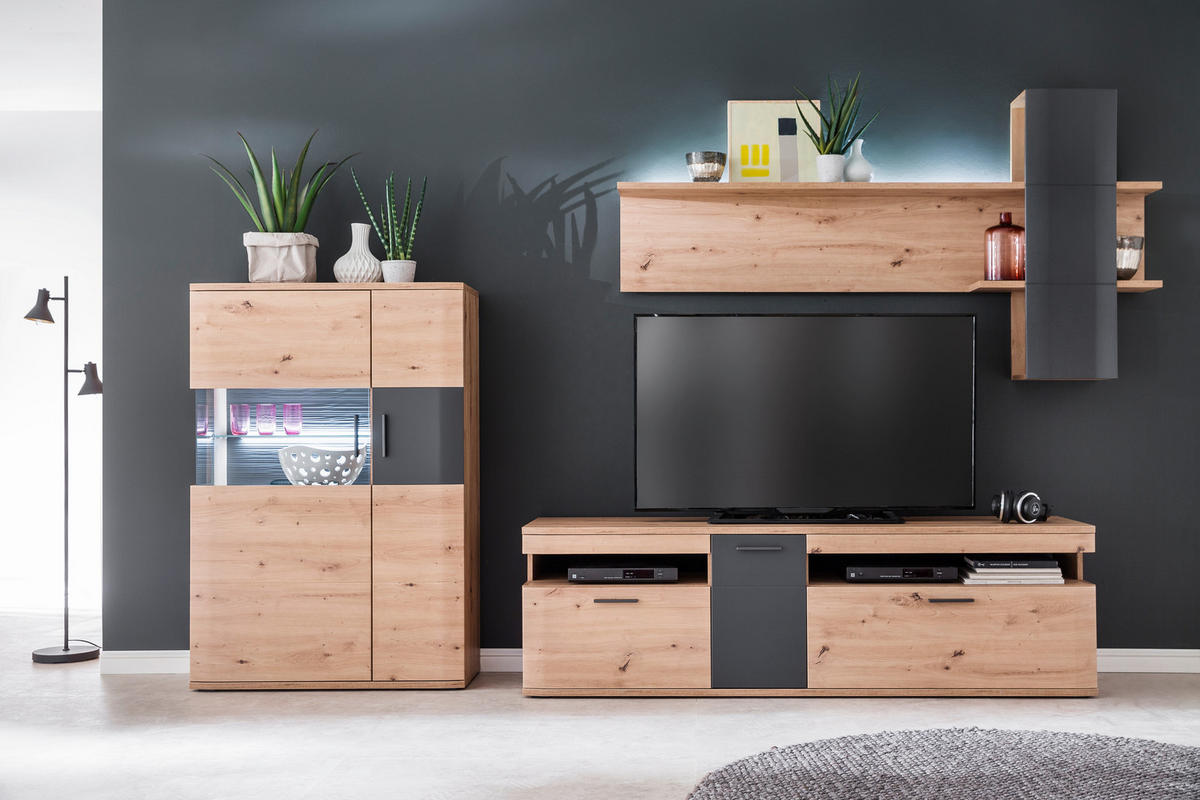WOHNWAND  in Anthrazit, Klar, Eichefarben  310/198/50 cm  - Klar/Eichefarben, Design, Glas/Holzwerkstoff (310/198/50cm) - Livetastic