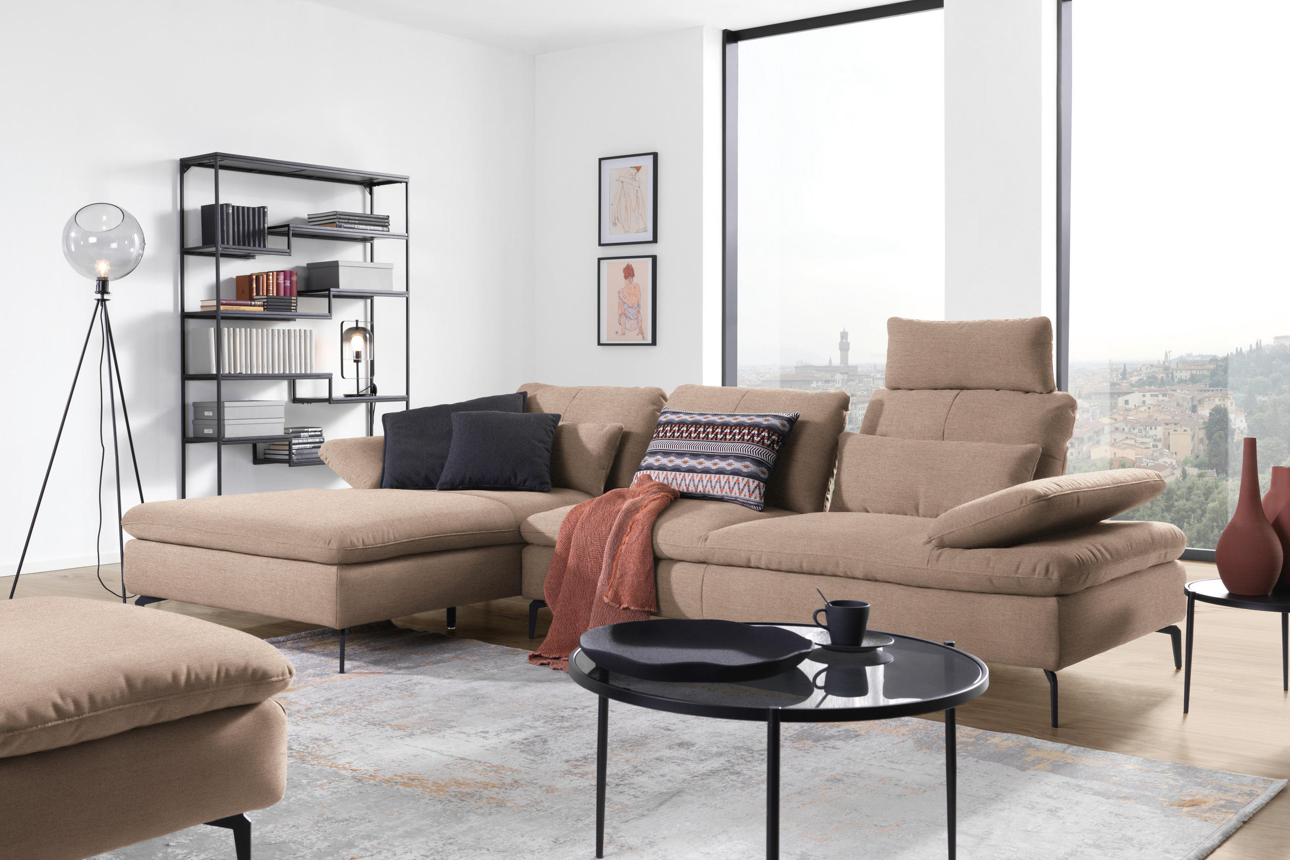 ECKSOFA in Webstoff Taupe  - Taupe/Schwarz, Design, Textil/Metall (179/301cm) - Chilliano