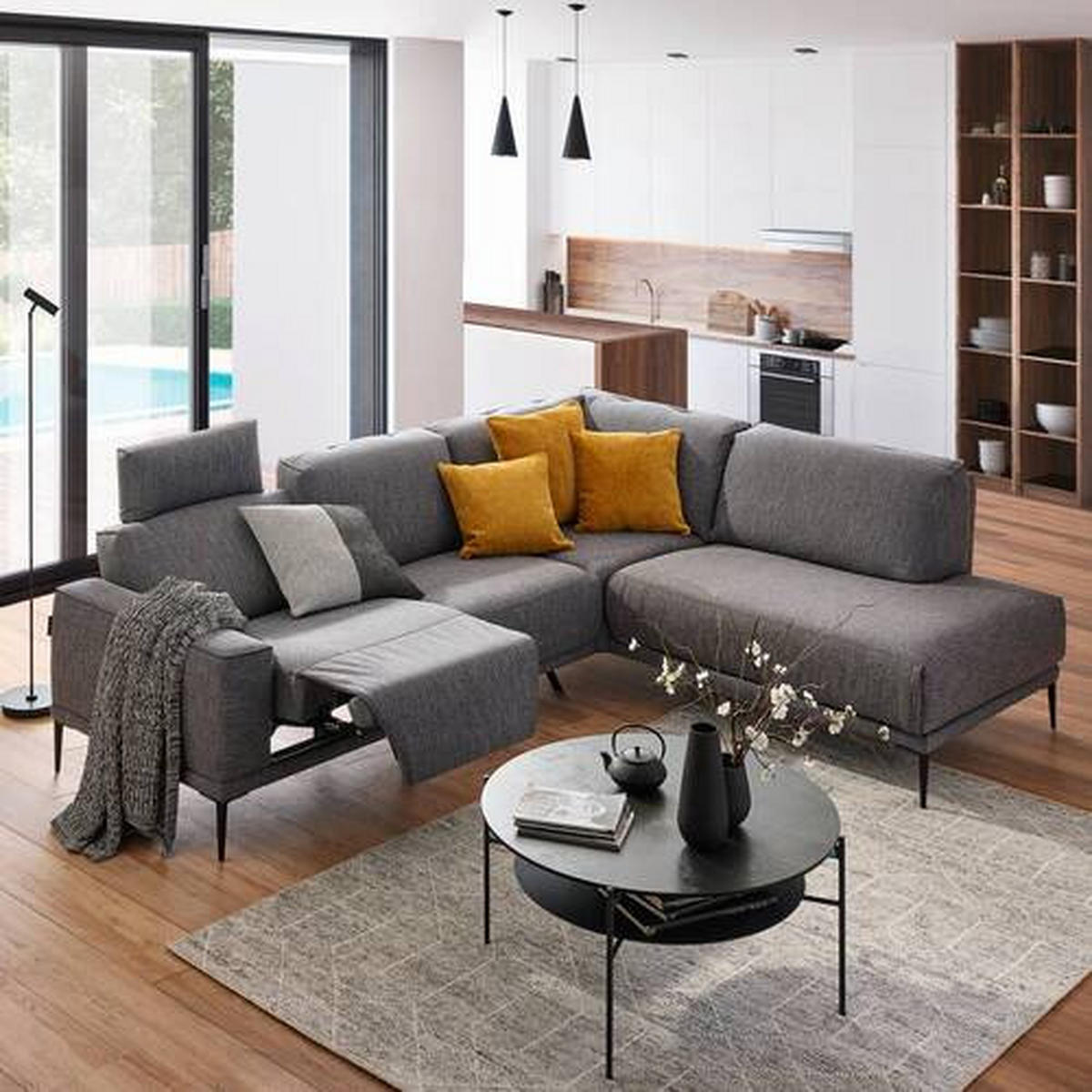 ECKSOFA in Flachgewebe Graphitfarben  - Schwarz/Graphitfarben, Design, Textil/Metall (260/210cm) - Johann Jakob