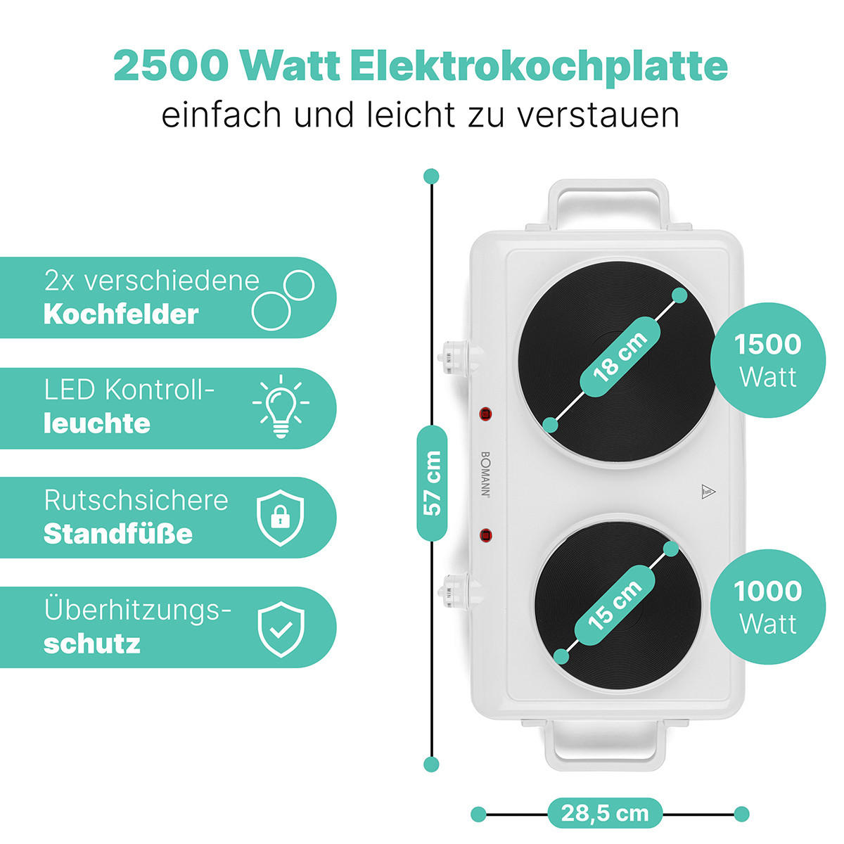 DOPPELKOCHPLATTE  - Weiß, Basics, Metall (57/7/28,5cm) - Bomann