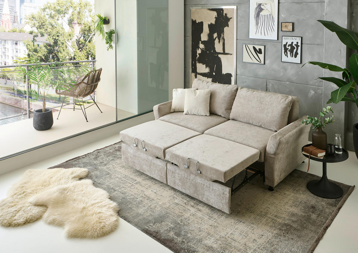 SCHLAFSOFA Chenille Hellbraun  - Hellbraun/Schwarz, KONVENTIONELL, Textil/Metall (186/90/100cm) - Beldomo Style