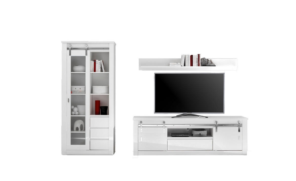 WOHNWAND 3-teilig  in Weiß, Weiß Hochglanz  309/200/43 cm  - Chromfarben/Weiß Hochglanz, Design, Holzwerkstoff/Metall (309/200/43cm) - Livetastic