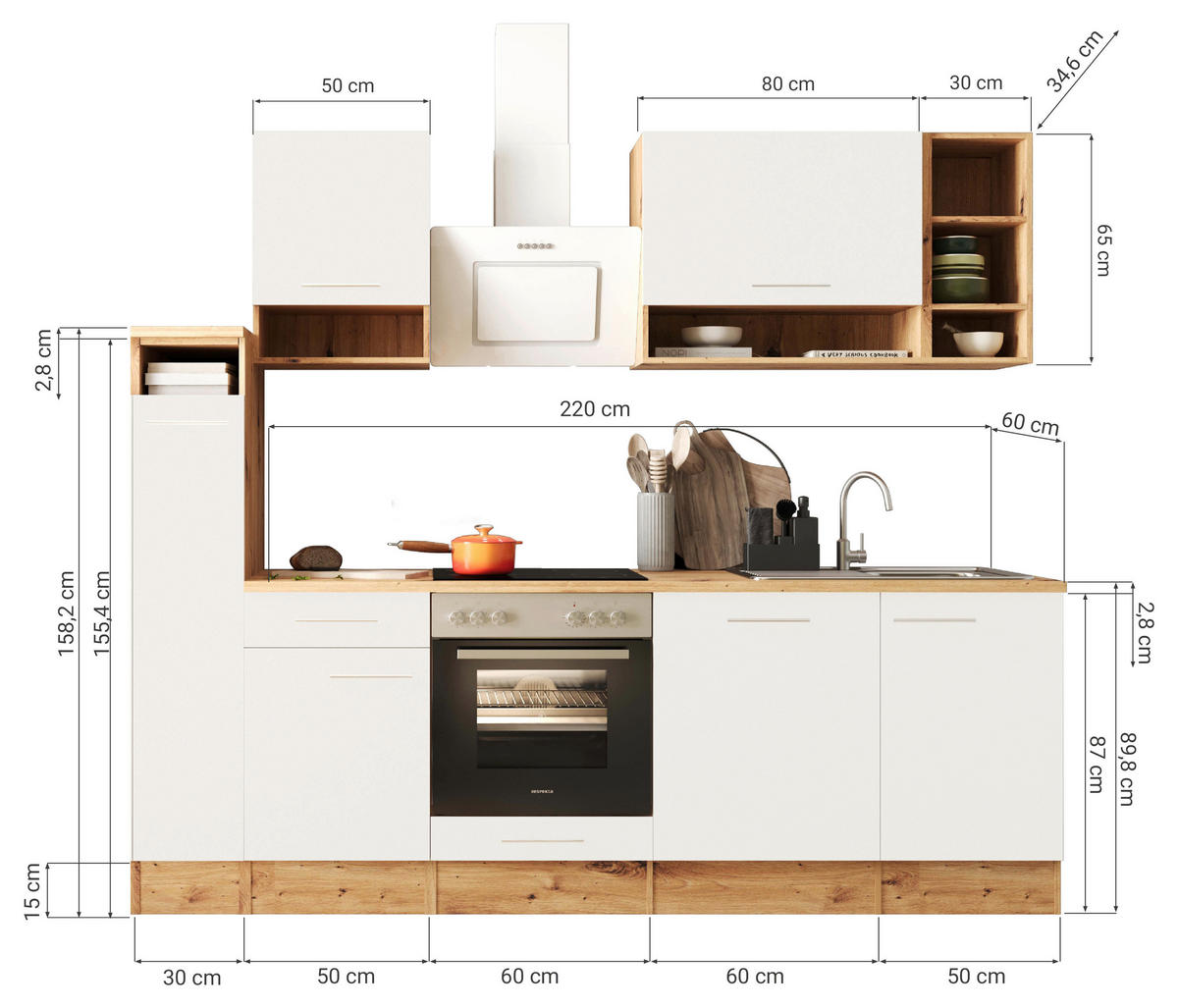 KÜCHENBLOCK 250 cm   in Eichefarben  - Weiss/Eichefarben, Basics, Holzwerkstoff (250cm) - Respekta