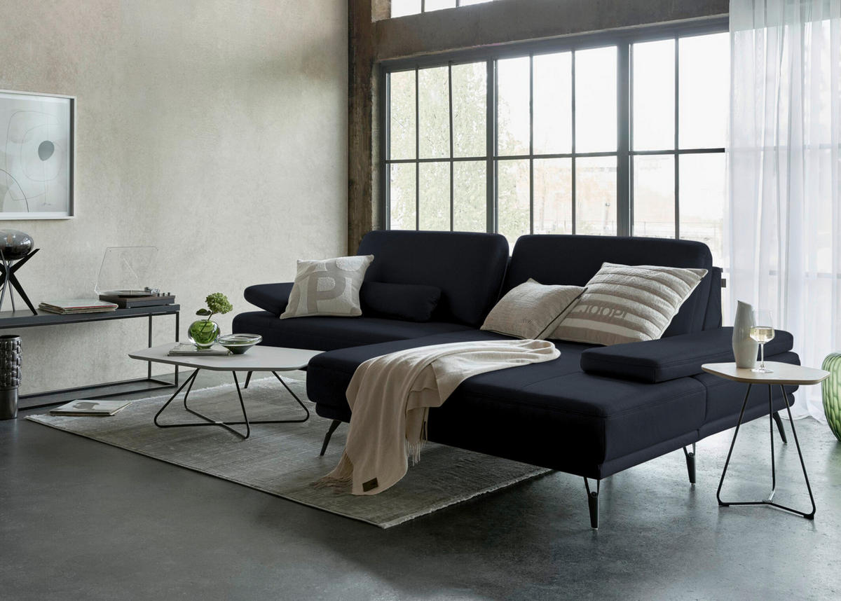 ECKSOFA Echtleder Dunkelblau  - Schwarz/Dunkelblau, Konventionell, Leder/Metall (301/180cm) - Joop!
