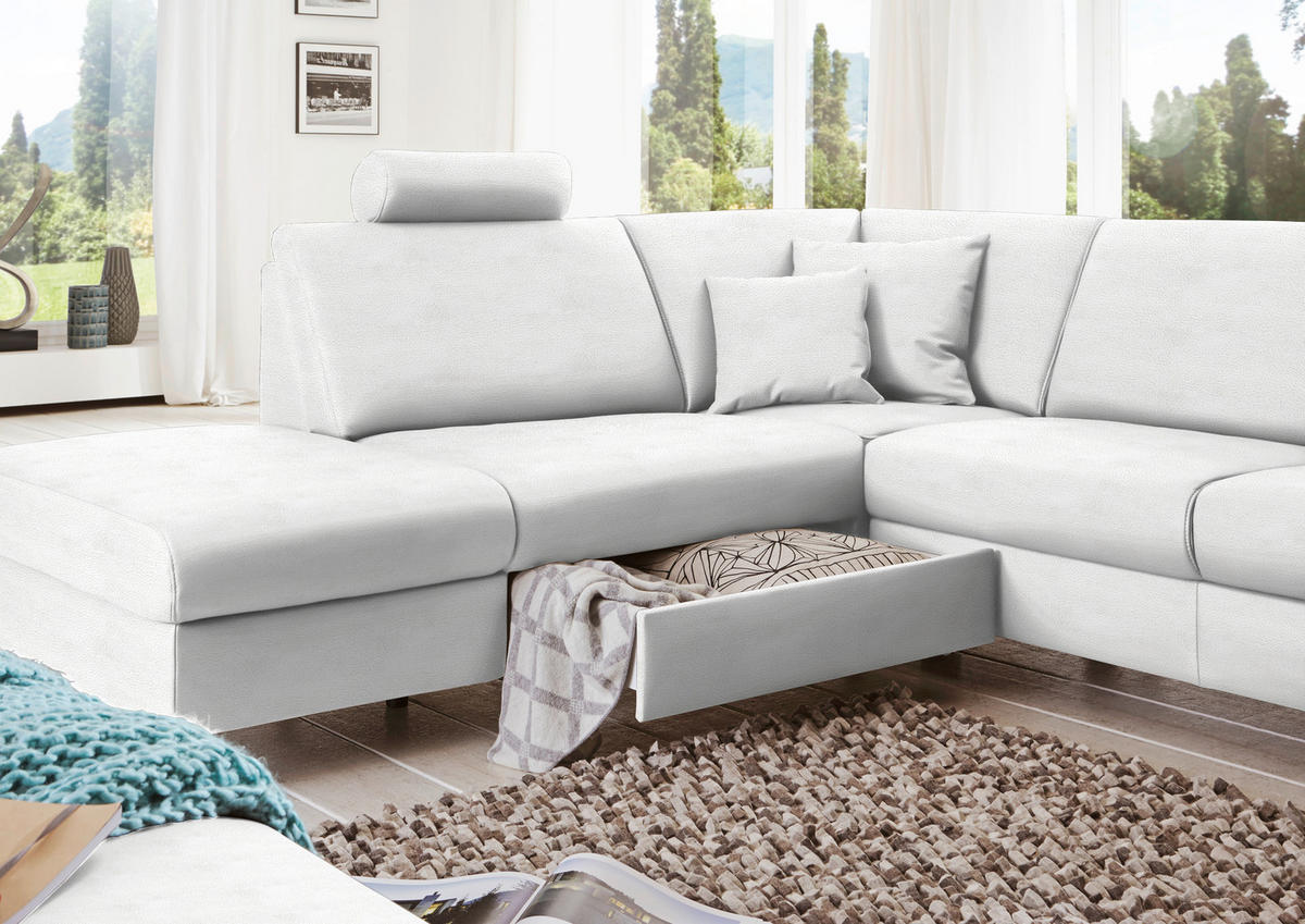 WOHNLANDSCHAFT in Echtleder Weiss  - Weiss/Alufarben, Design, Leder/Metall (233/339/165cm) - Beldomo Premium