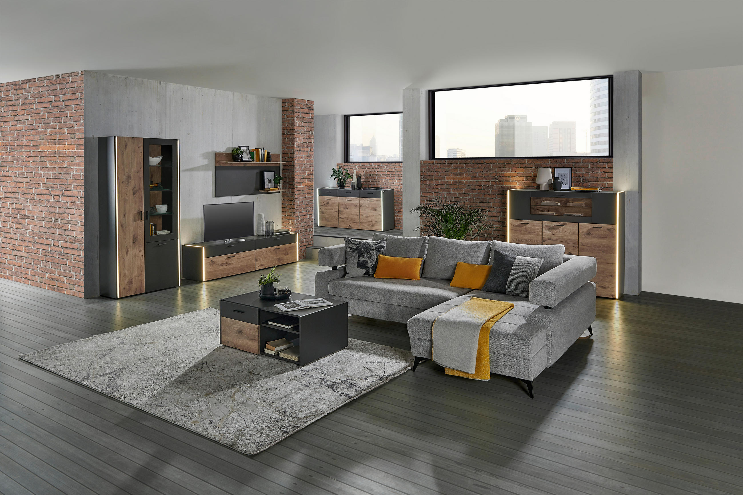 Thumbnail - Hom`in Couchtisch, Eiche, Dunkelgrau, Kunststoff, rechteckig, rund, 60x42x100 cm, Stauraum, offenes Fach, Wohnzimmer, Wo...