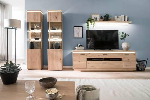 WOHNWAND Barcelona  in Eichefarben  340/204/50 cm  - Eichefarben/Grau, Design, Glas/Holz (340/204/50cm) - Livetastic