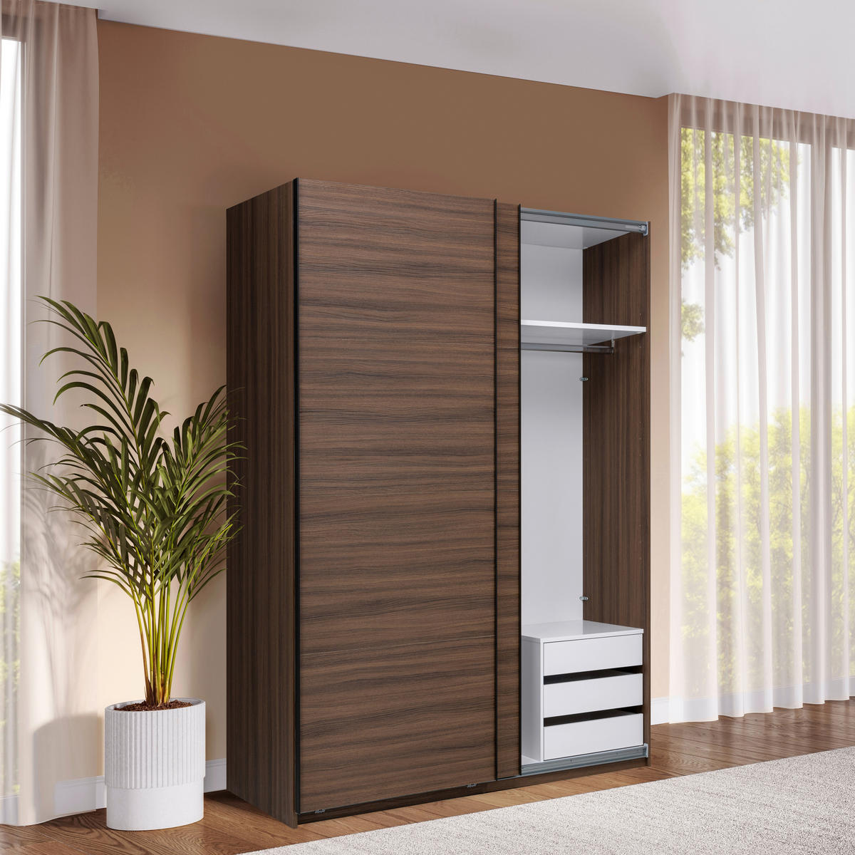 SCHIEBETÜRENSCHRANK 150/211,5/61,5 cm Walnussfarben  - Weiss/Walnussfarben, Modern, Holzwerkstoff/Metall (150/211,5/61,5cm) - MID.YOU