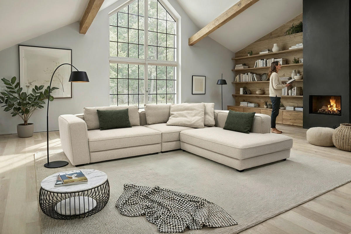 ECKSOFA Chilliano Beige Struktur Rücken echt  - Beige/Schwarz, Design, Kunststoff/Textil (290/255cm) - Chilliano