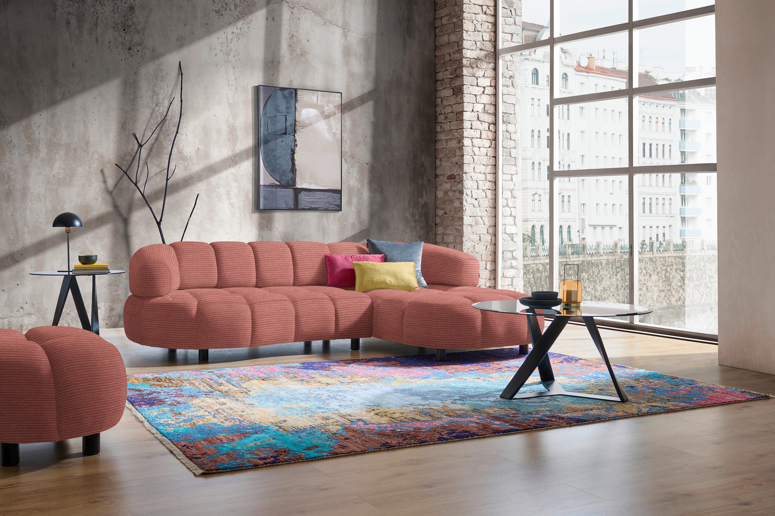 ECKSOFA in Cord, Velours Koralle  - Koralle/Schwarz, Design, Holz/Textil (284/183cm) - Welnova