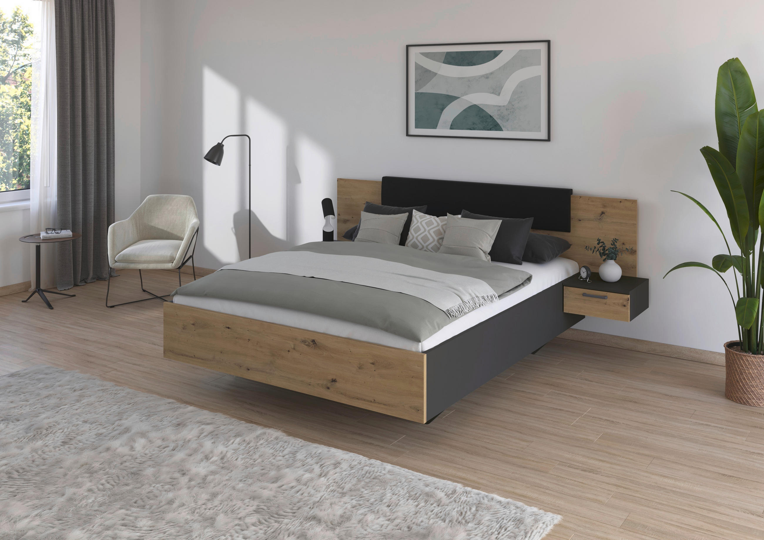 BETTANLAGE 160/200 cm  in Grau, Eiche Artisan  - Eiche Artisan/Grau, MODERN, Holzwerkstoff (160/200cm) - Rauch Möbel
