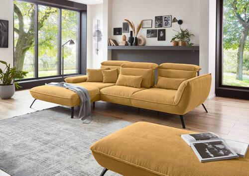 ECKSOFA Currygelb Cord  - Currygelb/Schwarz, Design, Textil/Metall (301/202cm) - Moderano