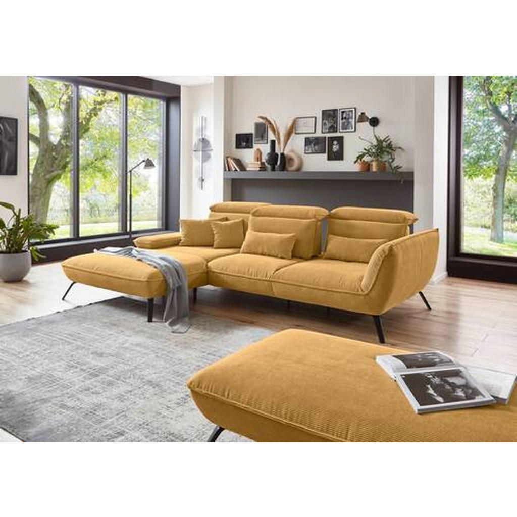 Thumbnail - Moderano Ecksofa, Currygelb, Textil, 3-Sitzer, Ottomane links, Eckteil, L-Form, 301x202 cm, Fußauswahl, Stoffauswahl, Ar...