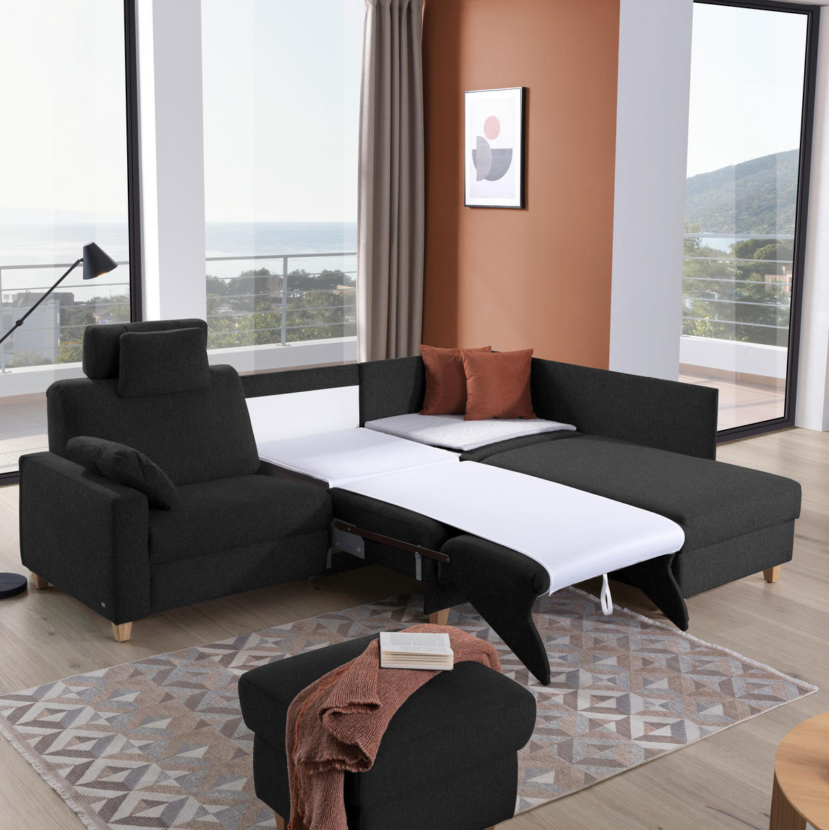 ECKSOFA in Flachgewebe Anthrazit  261/203 cm  - Eichefarben/Anthrazit, KONVENTIONELL, Holz/Textil (261/203cm) - Sedda