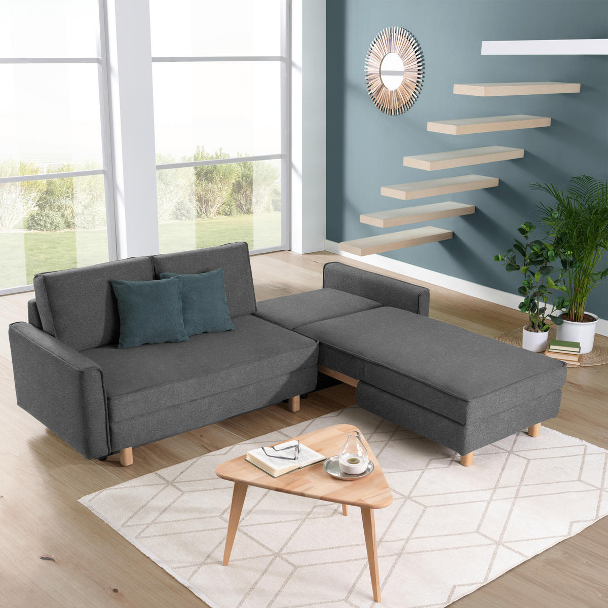 ECKSOFA in Chenille Dunkelgrau  237/155/170 cm  - Eichefarben/Dunkelgrau, KONVENTIONELL, Holz/Textil (237/155/170cm) - Sedda