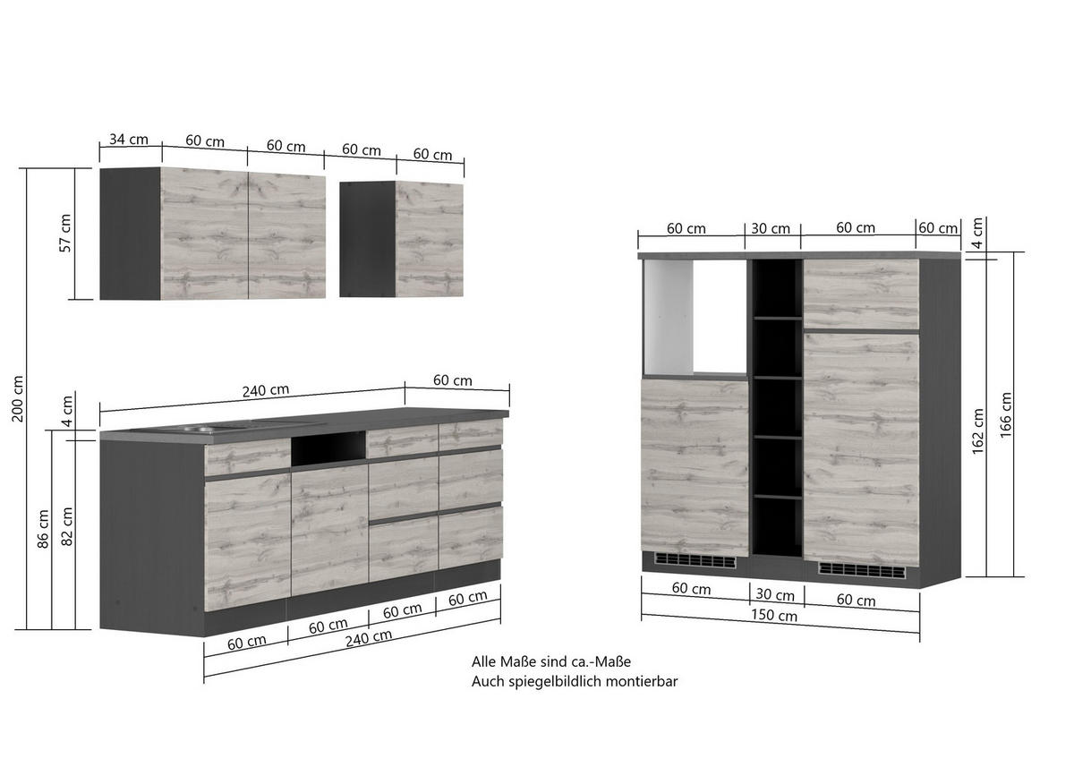 KÜCHENLEERBLOCK 390 cm   Graphitfarben, Eiche Wotan  - Eiche Wotan/Graphitfarben, Design, Holzwerkstoff (390cm) - Held
