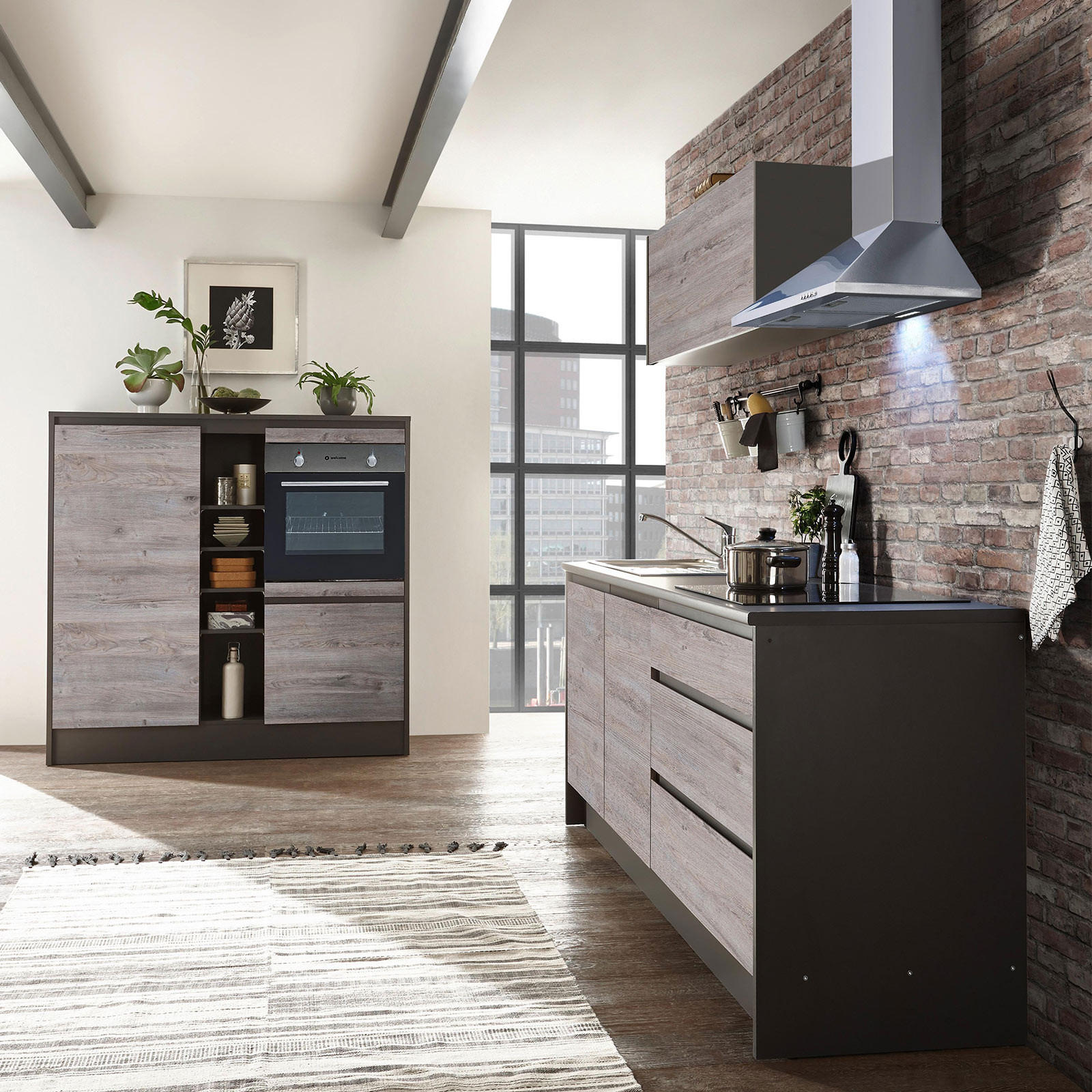Zweizeilig Küche Less 210 + 150 cm Anthrazit/Eiche