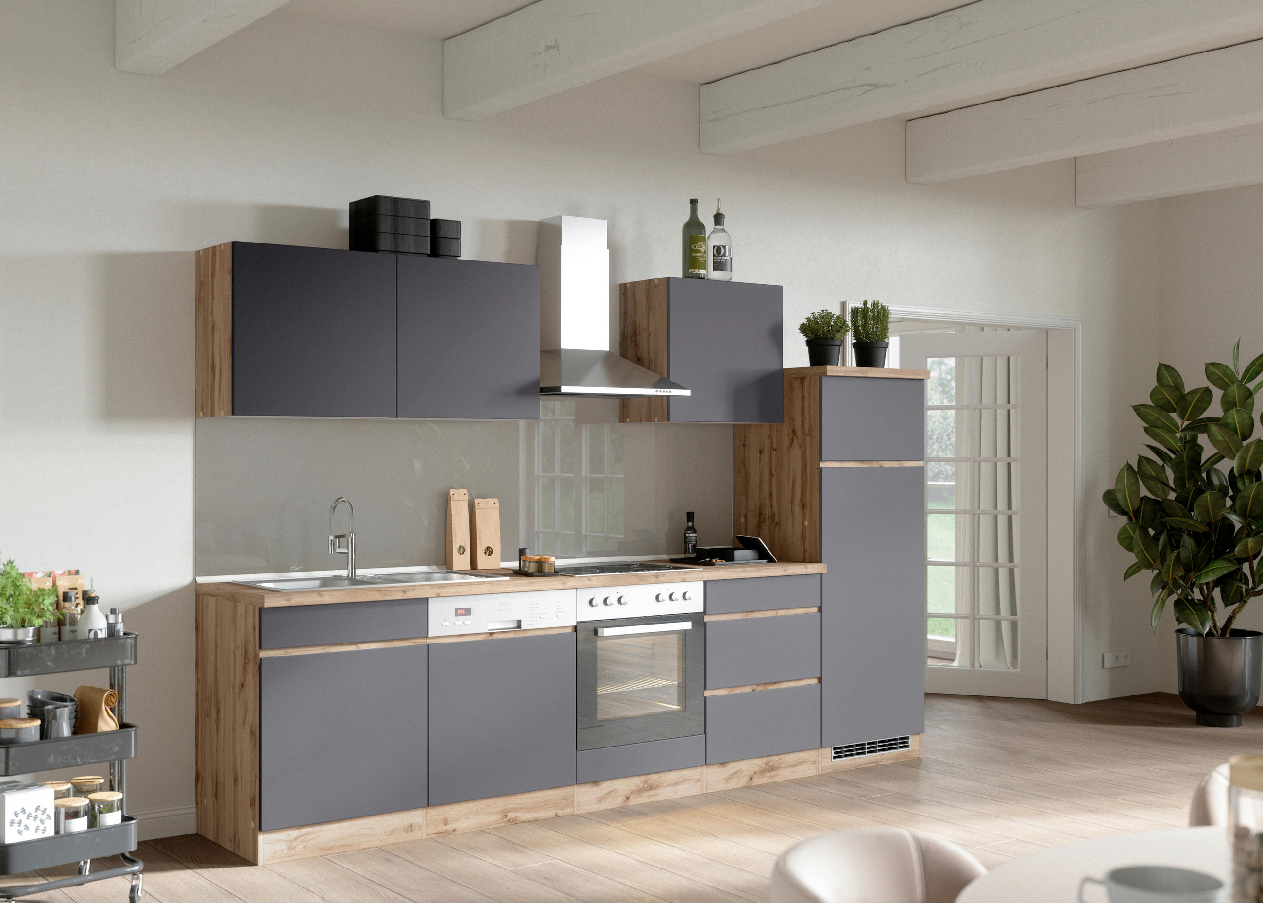 Küchenzeile Turin Mit Geräten B: 300cm Grau/wotaneiche Dekor