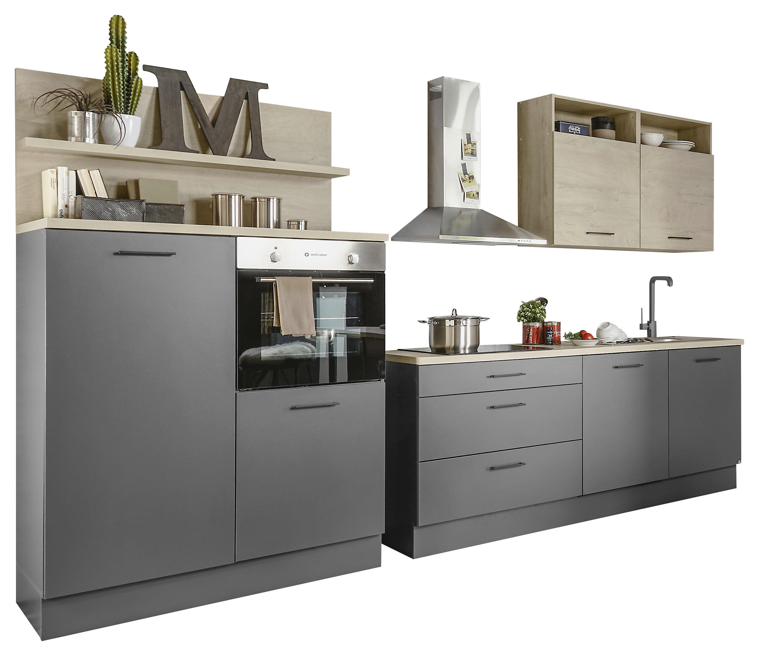 KÜCHENLEERBLOCK 320 cm   in Anthrazit, Eichefarben  - Eichefarben/Anthrazit, MODERN, Holzwerkstoff/Metall (320cm) - MID.YOU