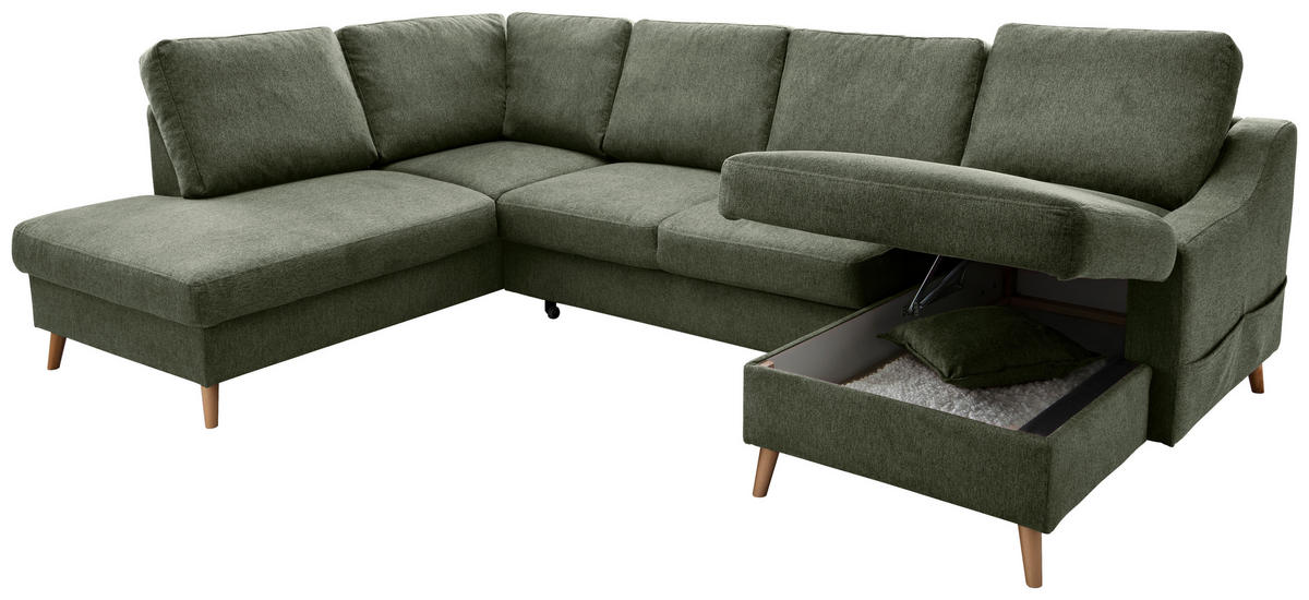WOHNLANDSCHAFT in Chenille Dunkelgrün  - Dunkelgrün/Naturfarben, Konventionell, Holz/Textil (200/301/150cm) - Livetastic