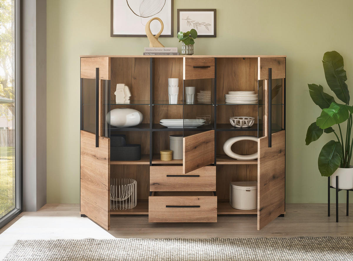 HIGHBOARD  160/126/42 cm 2 Schublade(n)  - Eichefarben/Schwarz, Design, Glas/Holzwerkstoff (160/126/42cm) - Livetastic