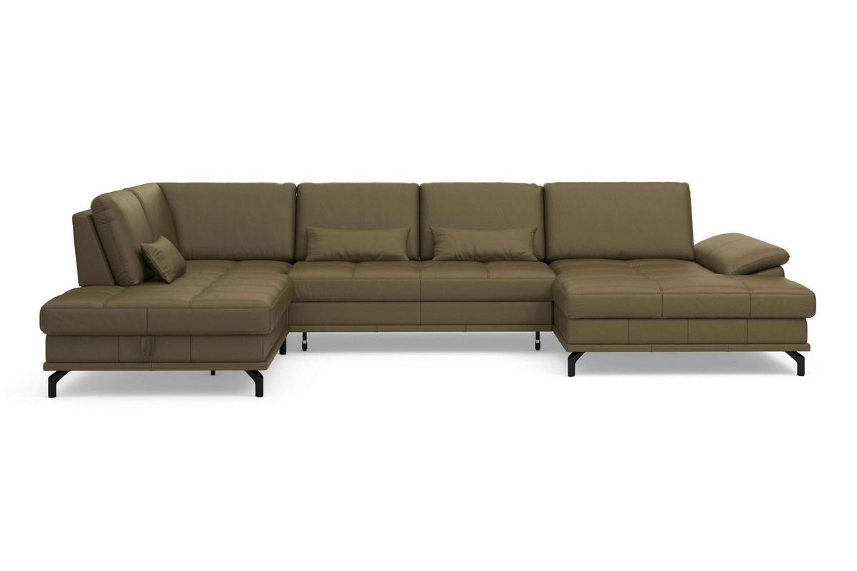 WOHNLANDSCHAFT COSTELLO E Olivgrün Kombination Echtleder/Stoff Mikrofaser  - Schwarz/Olivgrün, Basics, Leder/Textil (223/363/176cm) - Sit & More