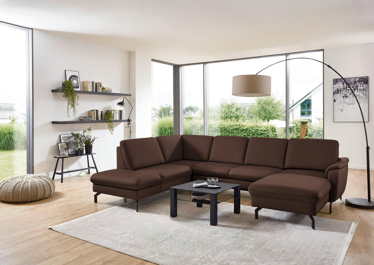 WOHNLANDSCHAFT Echtleder Mokka  - Schwarz/Mokka, Konventionell, Leder/Metall (224/306/168cm) - Beldomo Premium