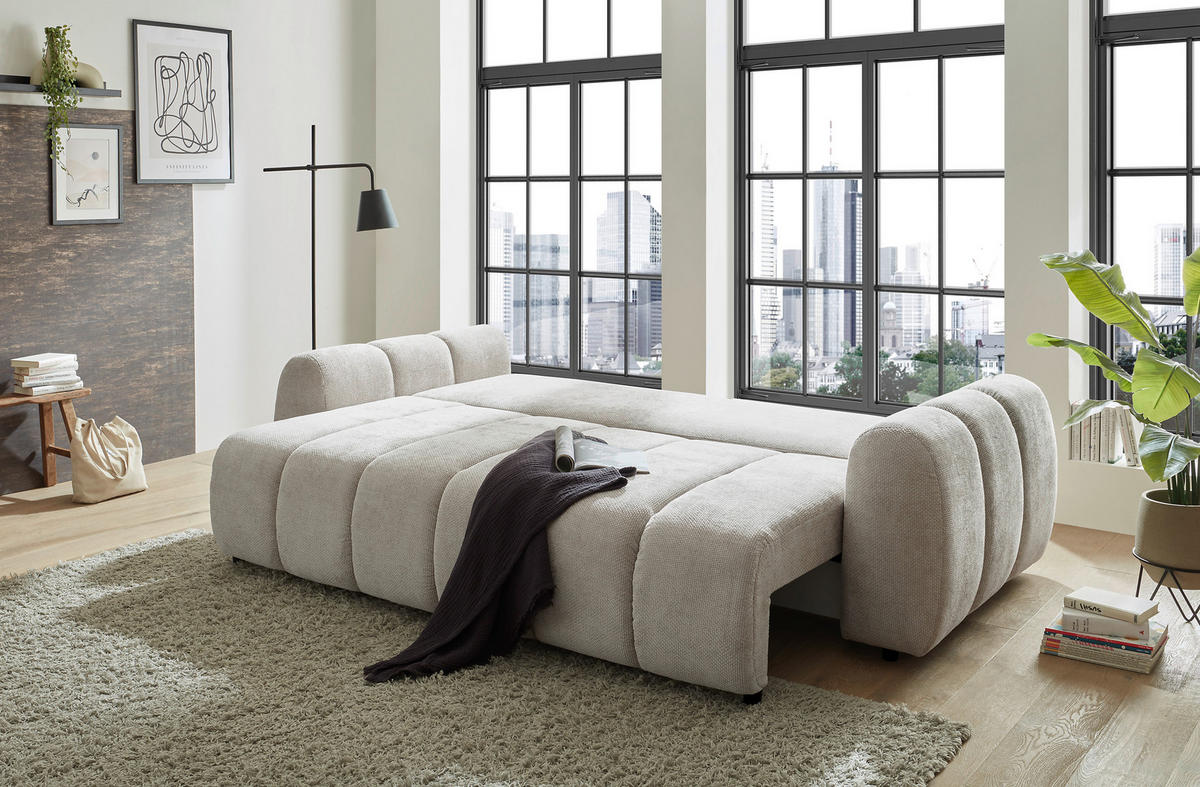 SCHLAFSOFA BUBBLE Webstoff Beige  inkl. Zierkissen, Nierenkissen, Bettkasten, Liegefläche im Originalstoff  - Beige/Schwarz, Design, Kunststoff/Textil (256/76/112cm) - MID.YOU