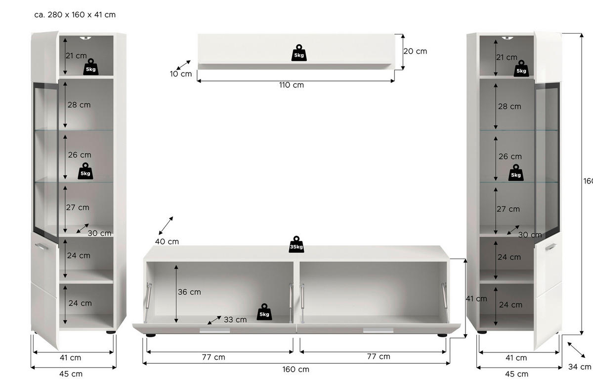 WOHNWAND 4-teilig  in Weiß, Weiß Hochglanz  280/160/41 cm  - Weiß Hochglanz/Silberfarben, Design, Glas/Holzwerkstoff (280/160/41cm) - Livetastic