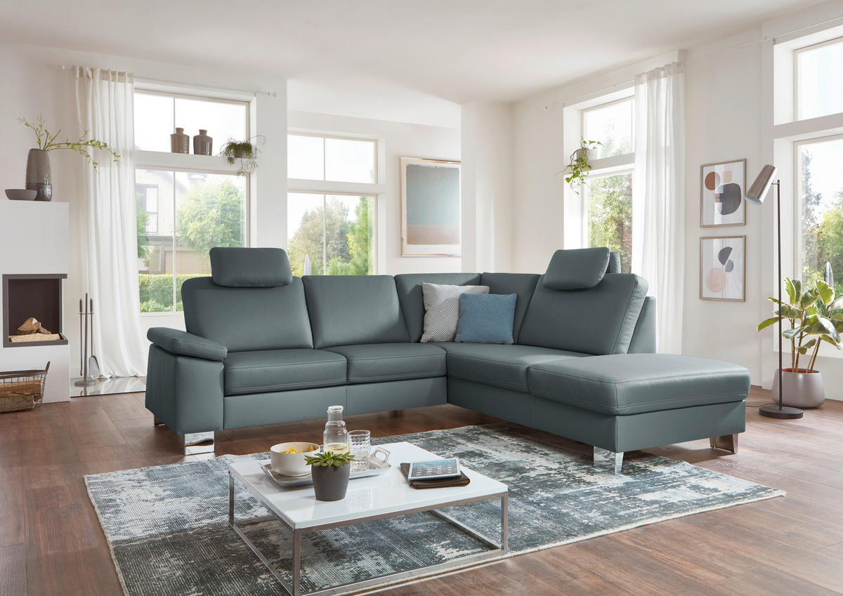 ECKSOFA  in Echtleder Blaugrau  248/235 cm  - Blaugrau/Alufarben, Design, Leder/Metall (248/235cm) - Beldomo Premium