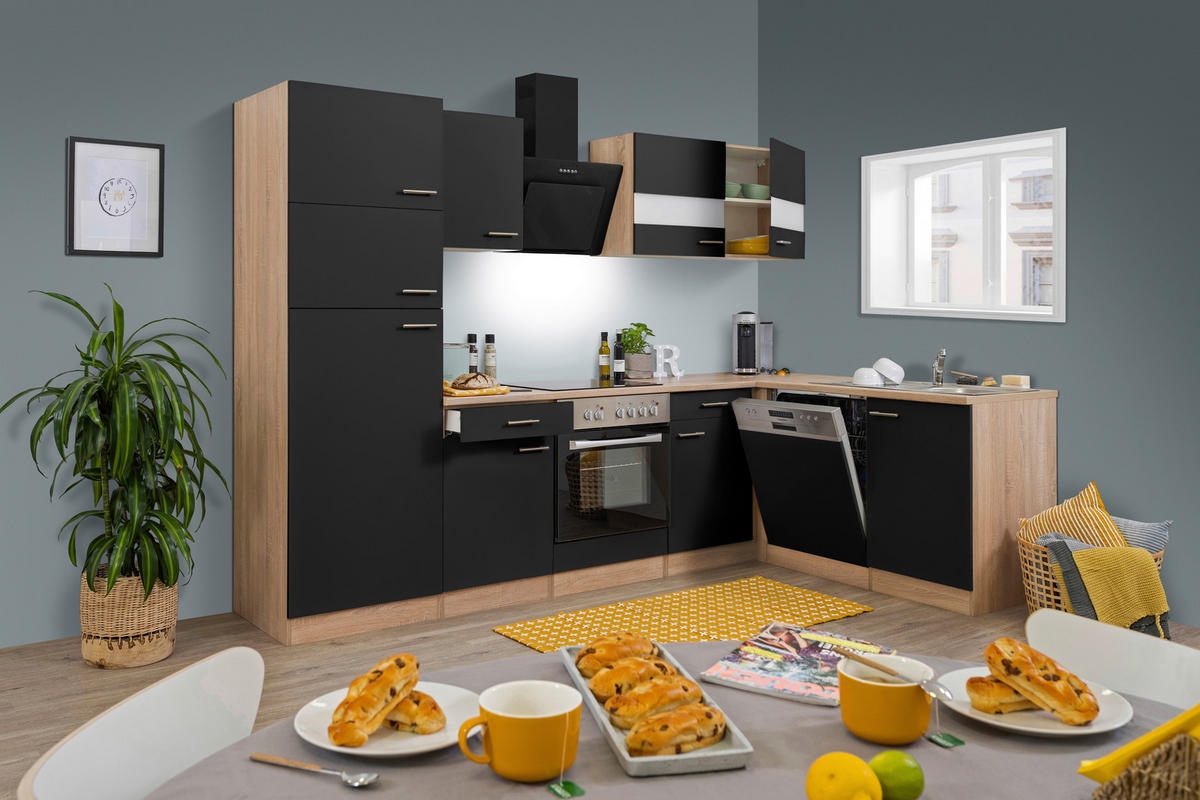 KÜCHENLEERBLOCK  280/172 cm  in Schwarz  - Edelstahlfarben/Eichefarben, Basics, Holzwerkstoff/Metall (280/172cm) - Respekta