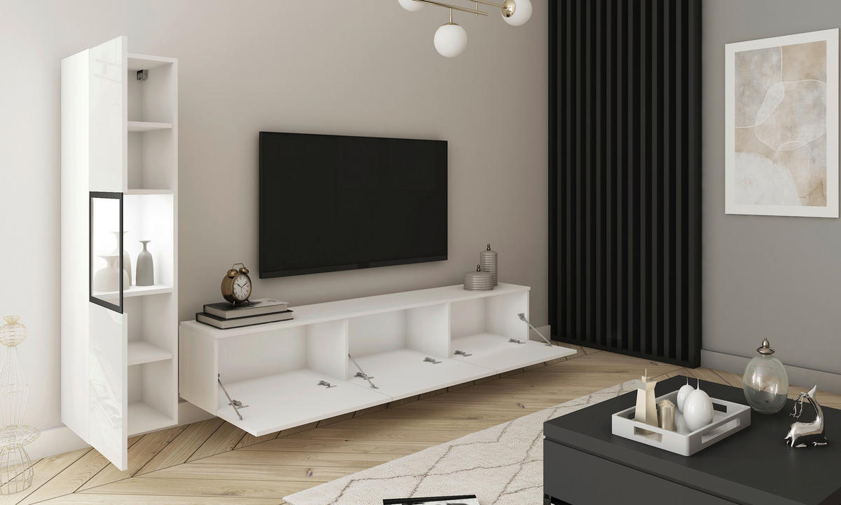 DNEVNI REGAL,  bela, bela, visoki sijaj  - siva/bela, Design, umetna masa/steklo (210/130/32,5cm) - MID.YOU