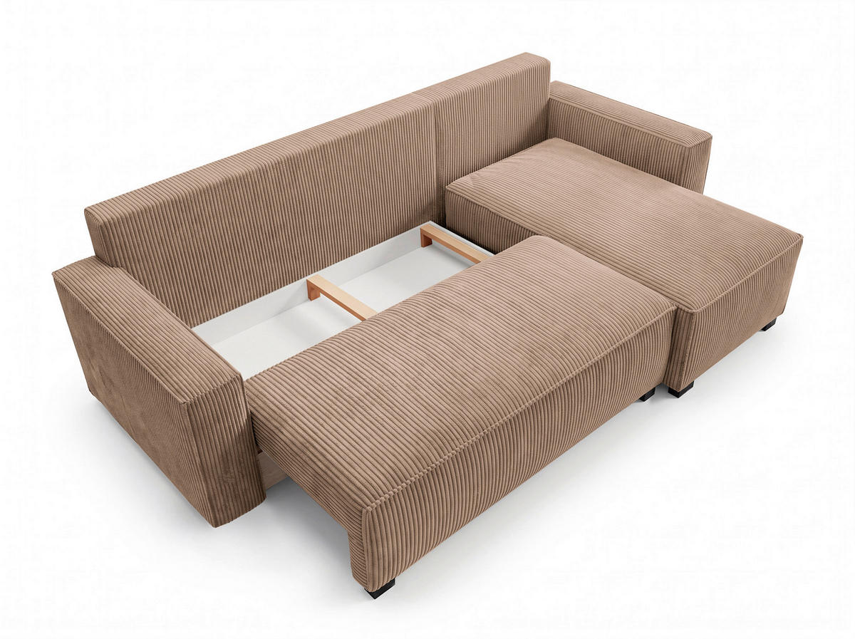 ECKSOFA Hellbraun Cord Rückenkissen, Bettkasten, Schlaffunktion, Rücken echt, Liegefläche im Originalstoff  - Hellbraun/Schwarz, MODERN, Kunststoff/Textil (232/140cm) - Xora