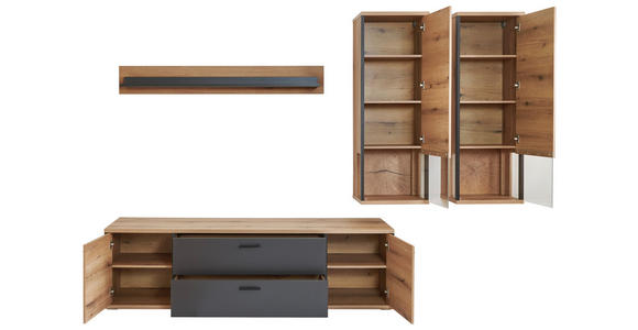 WOHNWAND  in Schwarz, Eichefarben, Dunkelgrau  315/209/50 cm  - Eichefarben/Dunkelgrau, KONVENTIONELL, Glas/Holzwerkstoff (315/209/50cm) - Xora