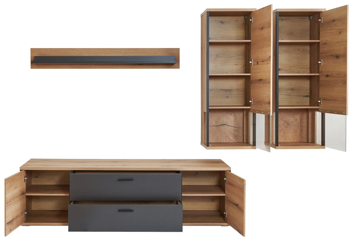 WOHNWAND  in Schwarz, Eichefarben, Dunkelgrau  315/209/50 cm  - Eichefarben/Dunkelgrau, KONVENTIONELL, Glas/Holzwerkstoff (315/209/50cm) - Xora