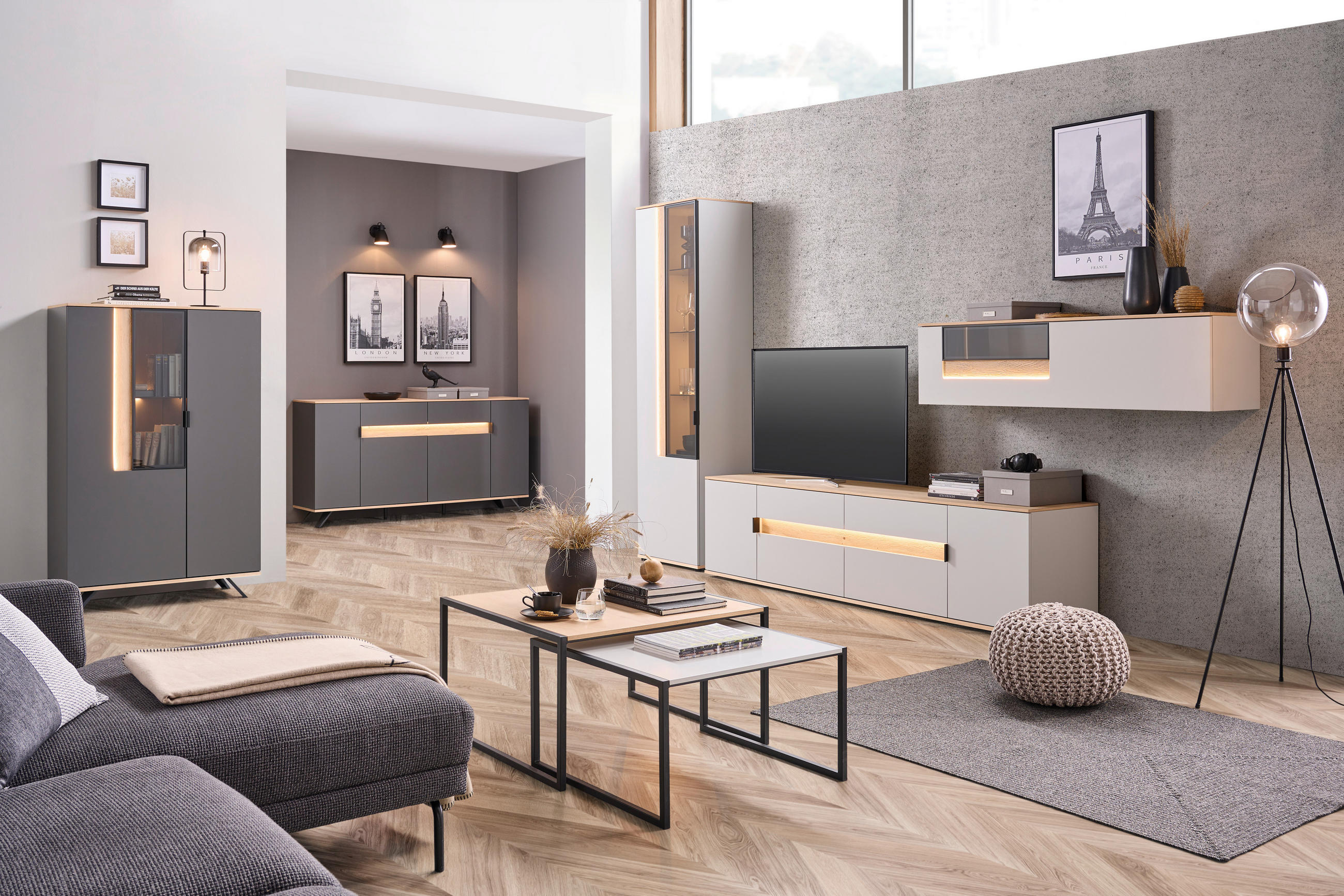 Set Mobilă Living, antracit, culoare lemn stejar, 370/214,6/48 cm