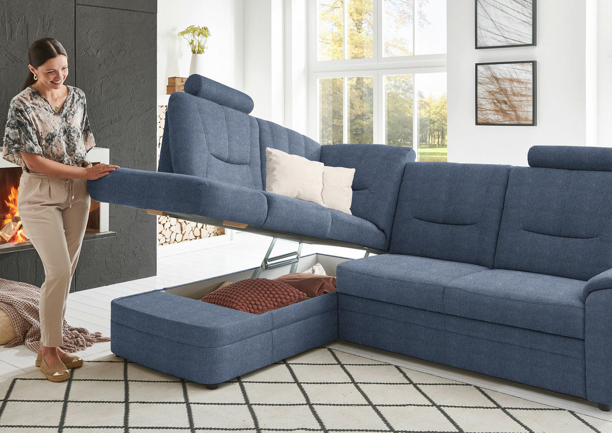 ECKSOFA Chenille Blau  - Blau/Schwarz, Konventionell, Kunststoff/Textil (185/235cm) - Beldomo Comfort