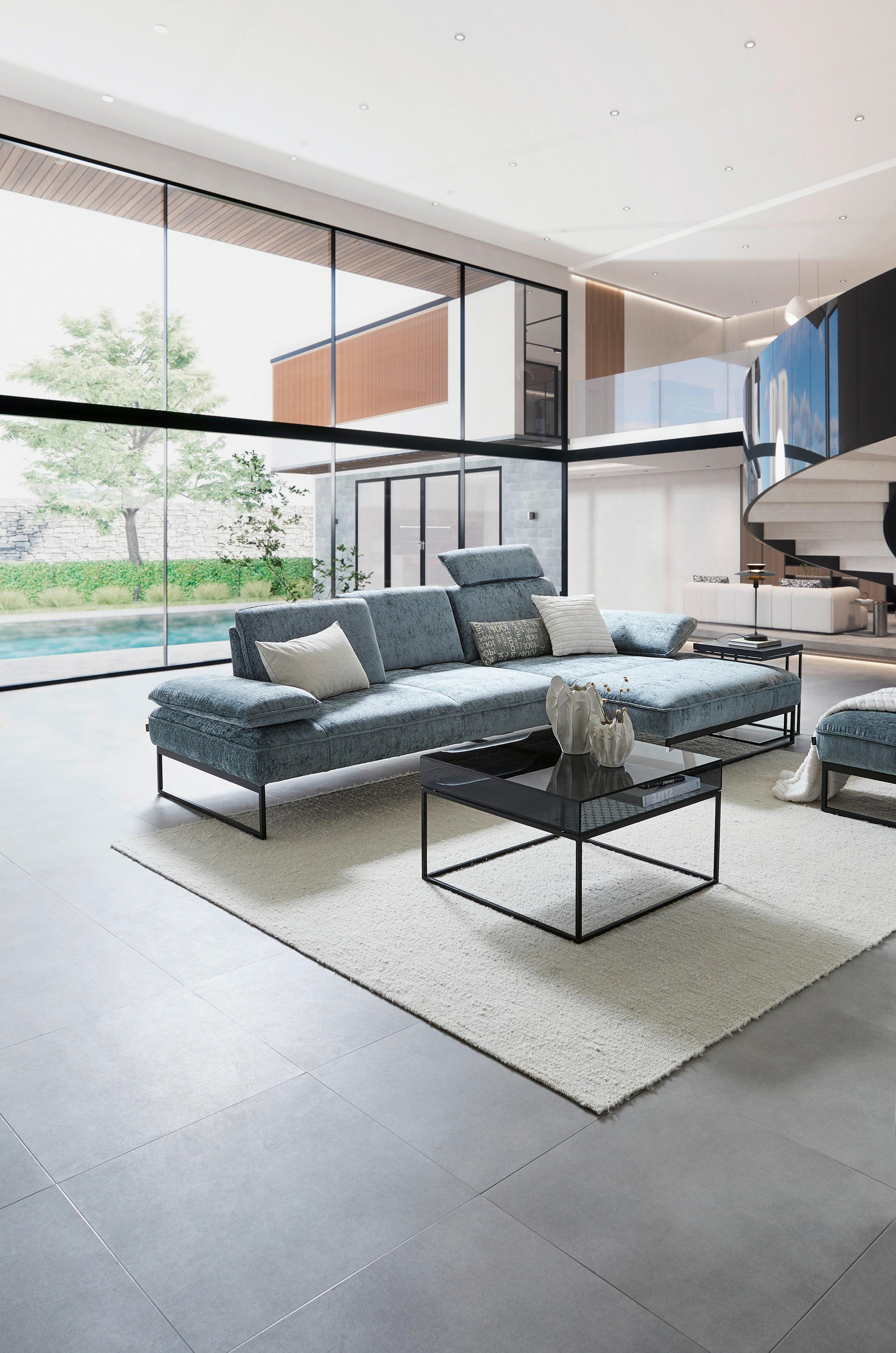 ECKSOFA in Chenille Graublau  - Graublau/Anthrazit, Design, Textil/Metall (310/160cm) - Joop!