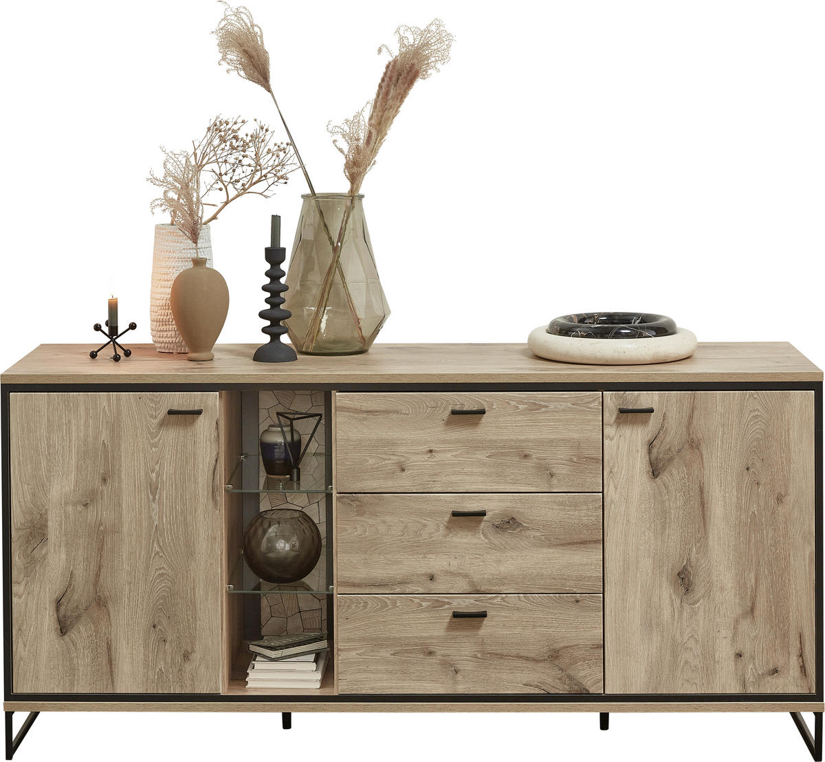 SIDEBOARD 180/86/49 cm Schwarz, Eichefarben  - Eichefarben/Schwarz, Konventionell, Glas/Holzwerkstoff (180/86/49cm) - Livetastic