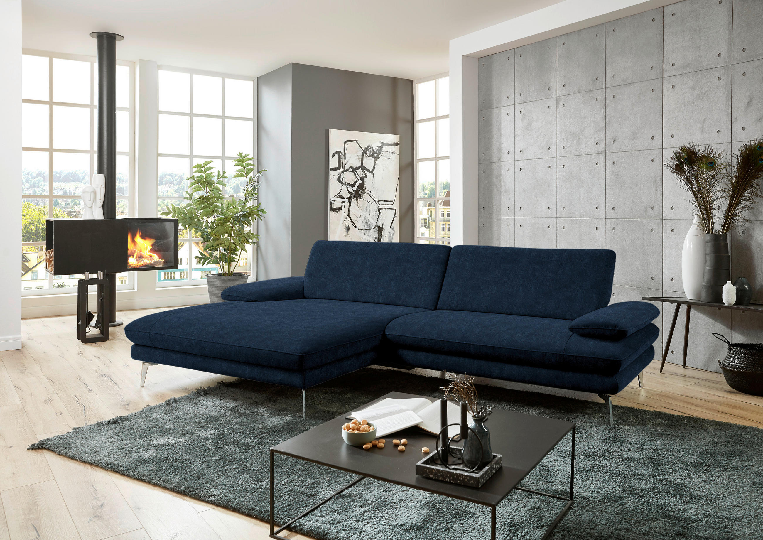 ECKSOFA in Velours Dunkelblau  - Schwarz/Dunkelblau, Design, Textil/Metall (184/284cm) - Dieter Knoll