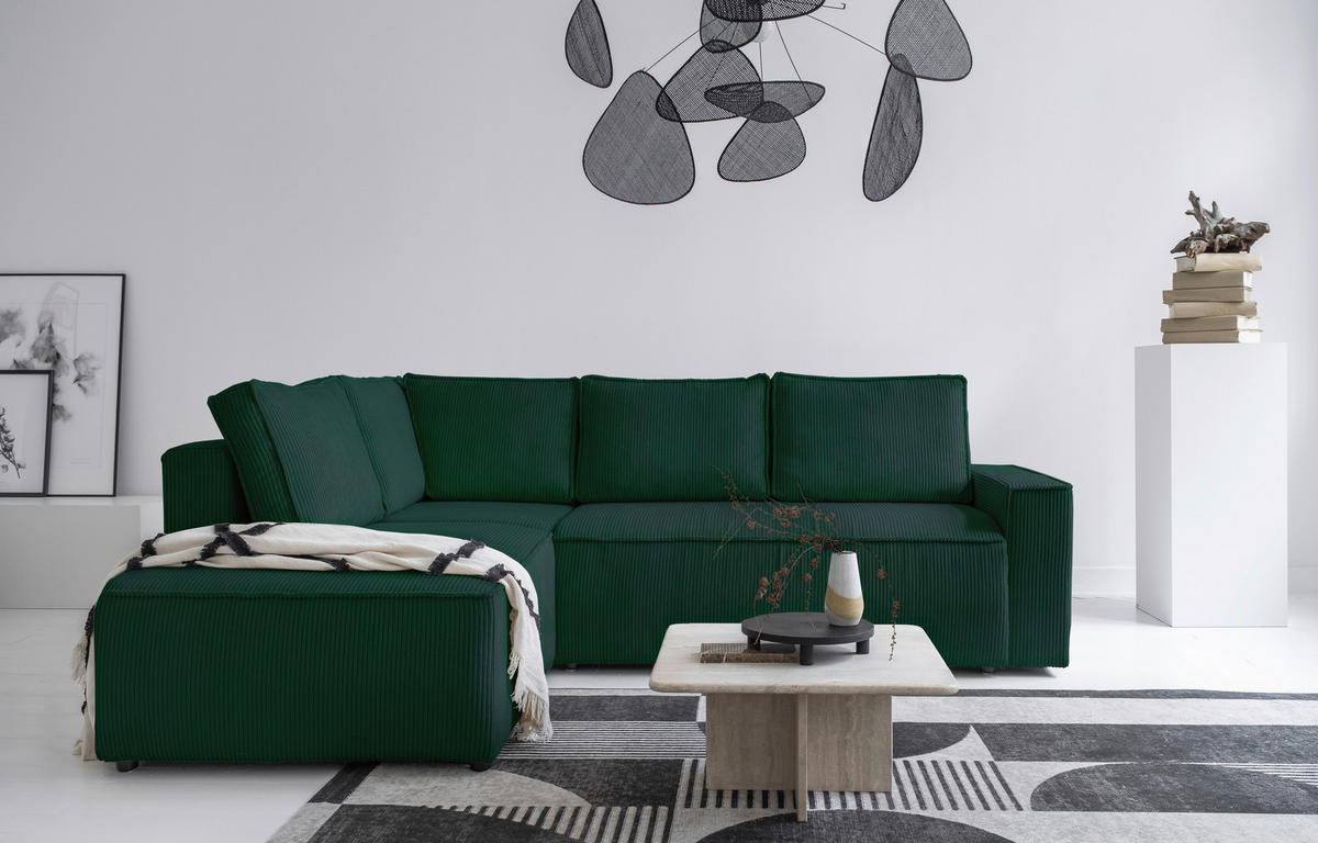 ECKSOFA in Cord Dunkelgrün  - Dunkelgrün/Schwarz, Design, Kunststoff/Textil (194/247cm) - MID.YOU