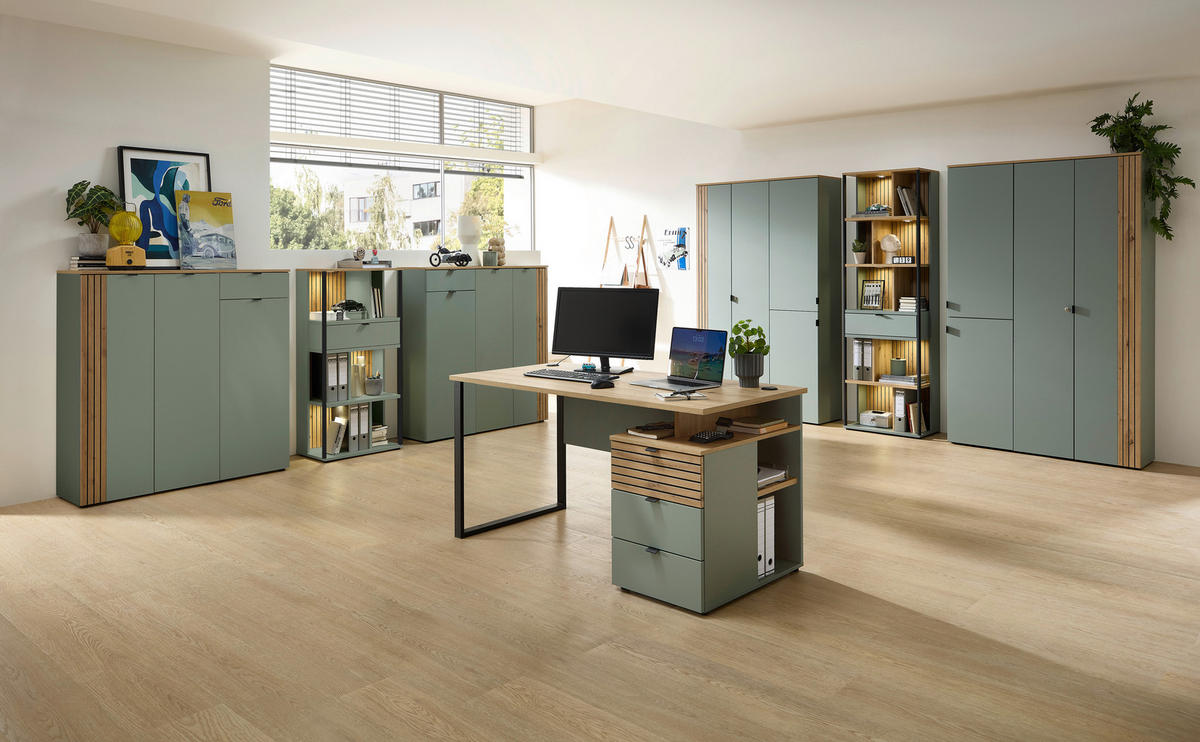 SCHREIBTISCH 150/77/73 cm Schwarz, Eiche Artisan, Schilfgrün  - Schilfgrün/Schwarz, KONVENTIONELL, Holzwerkstoff/Metall (150/77/73cm) - Voleo